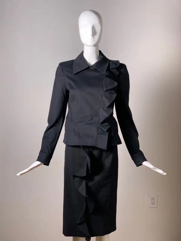 Tom Ford for Yves Saint Laurent Black Cotton Ruffle Skirt Suit