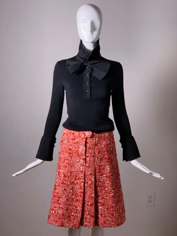 Chanel Red and White Tweed Pleated Skirt with Red and White CC Buttons