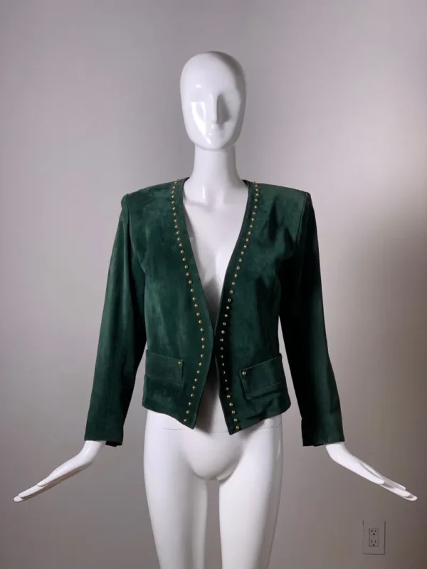 Vintage Saint Laurent Emerald Green Suede Jacket with Gold Rock Studs